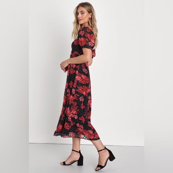 Lulus Red Black Floral Midi Puff Sleeve Dress Dark Romantic Cocktail Sheer L - Picture 4 of 10